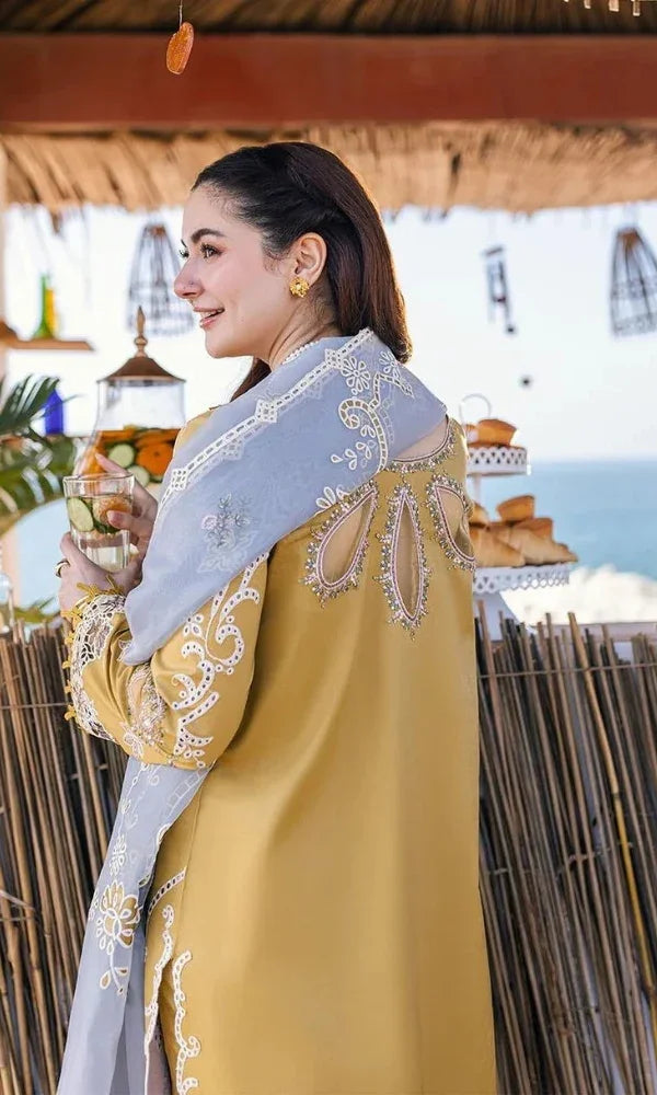 3PC DHANAK CHIKENKARI EMBROIDERED SHIRT AND EMBORIDED DANAK SHAWL WITH PLAIN TROUSER 767-RR