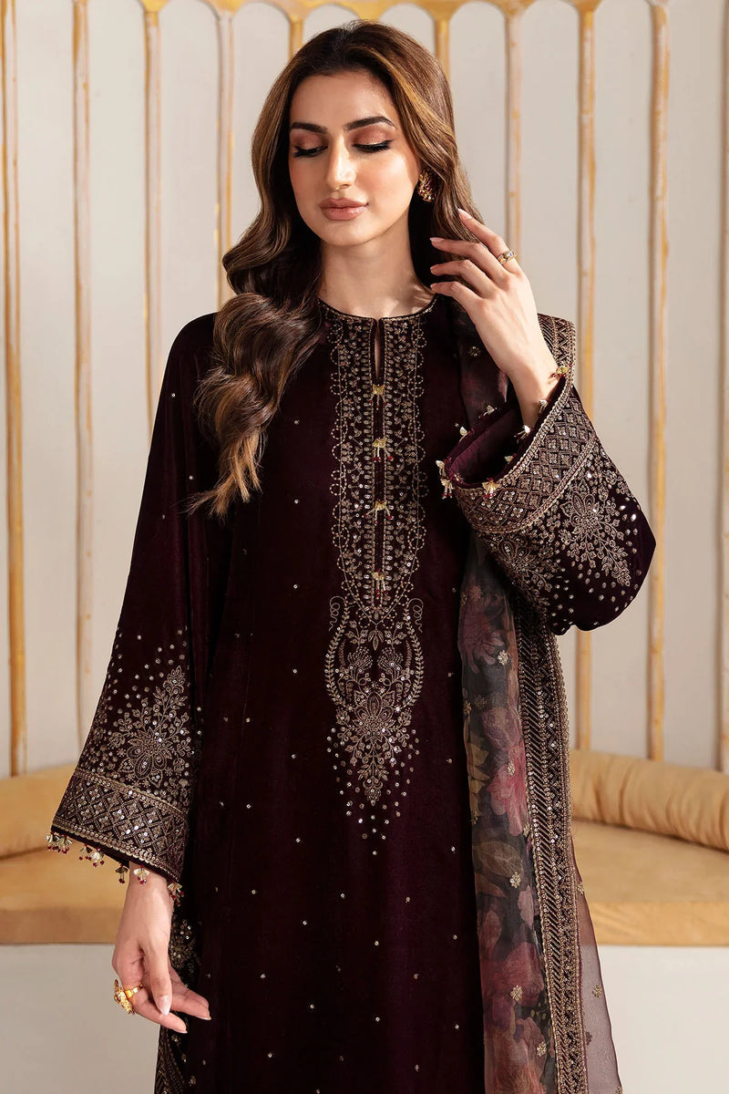 VELVET 3PC EMBROIDERED SHIRT ORGANZA EMBORIDED DUPATA AND SILK TROUSER 630-RR