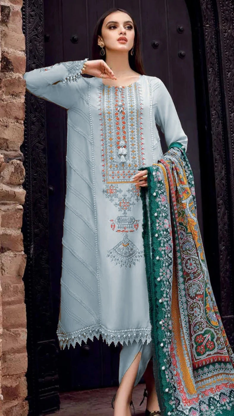 3PC LAWN EMBROIDERED SUIT WITH PRINTED SHAWLL D-2002