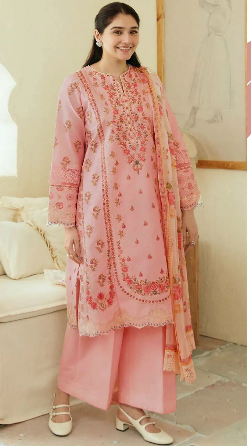 LAWN 3PC EMBROIDERED LAWN SHIRT PLAIN TROUSER PRINTED DUPATA SUITE 7377-A