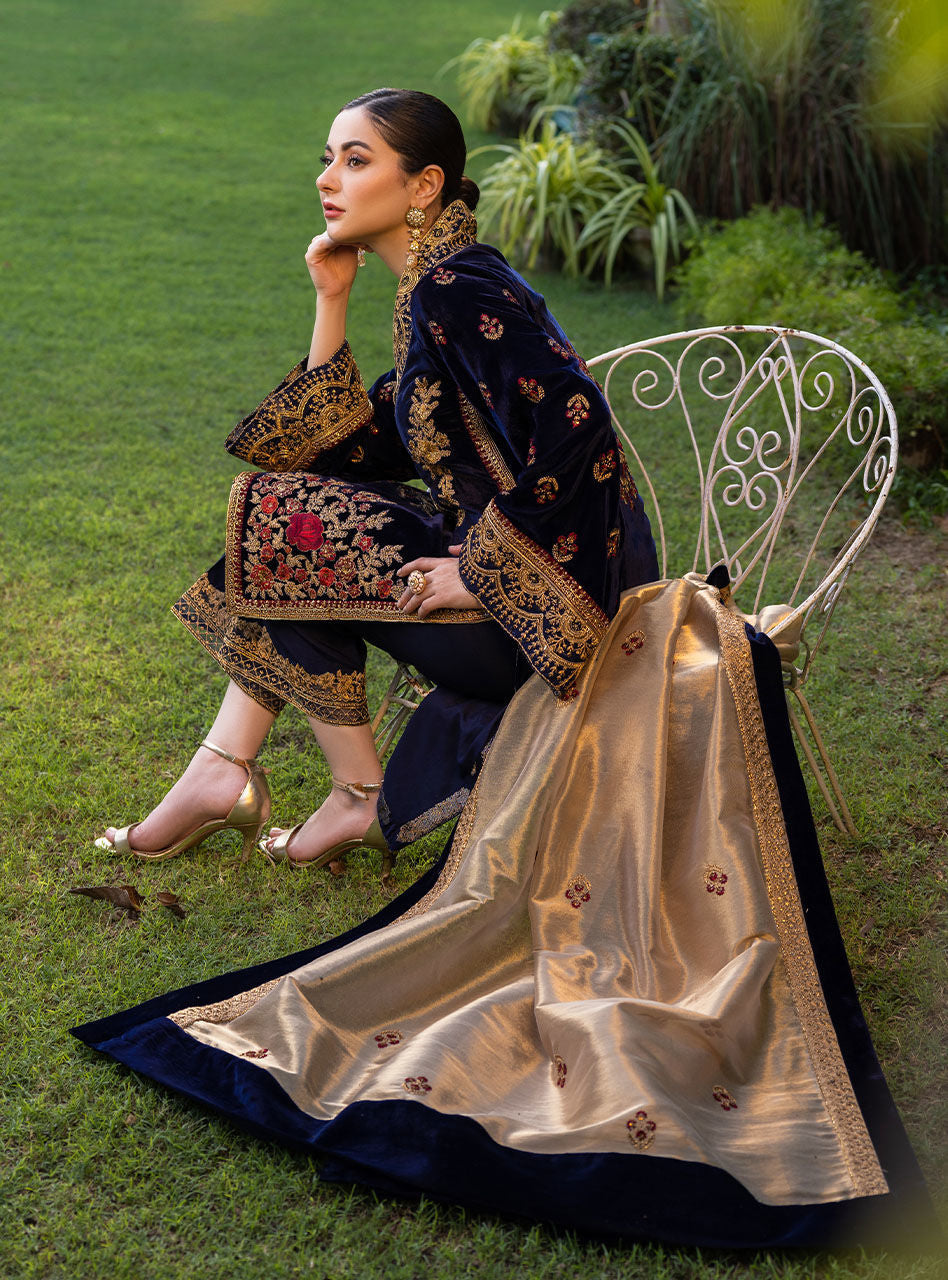 VELVET 3PC EMBROIDERED SHIRT ORGANZA EMBORIDED DUPATA AND SILK TROUSER 616-RR