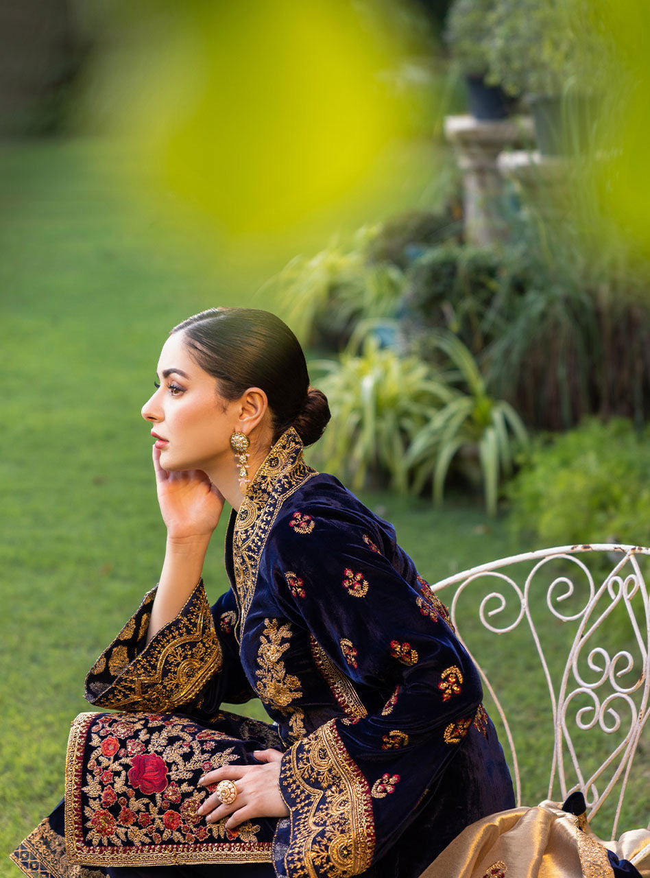 VELVET 3PC EMBROIDERED SHIRT ORGANZA EMBORIDED DUPATA AND SILK TROUSER 616-RR