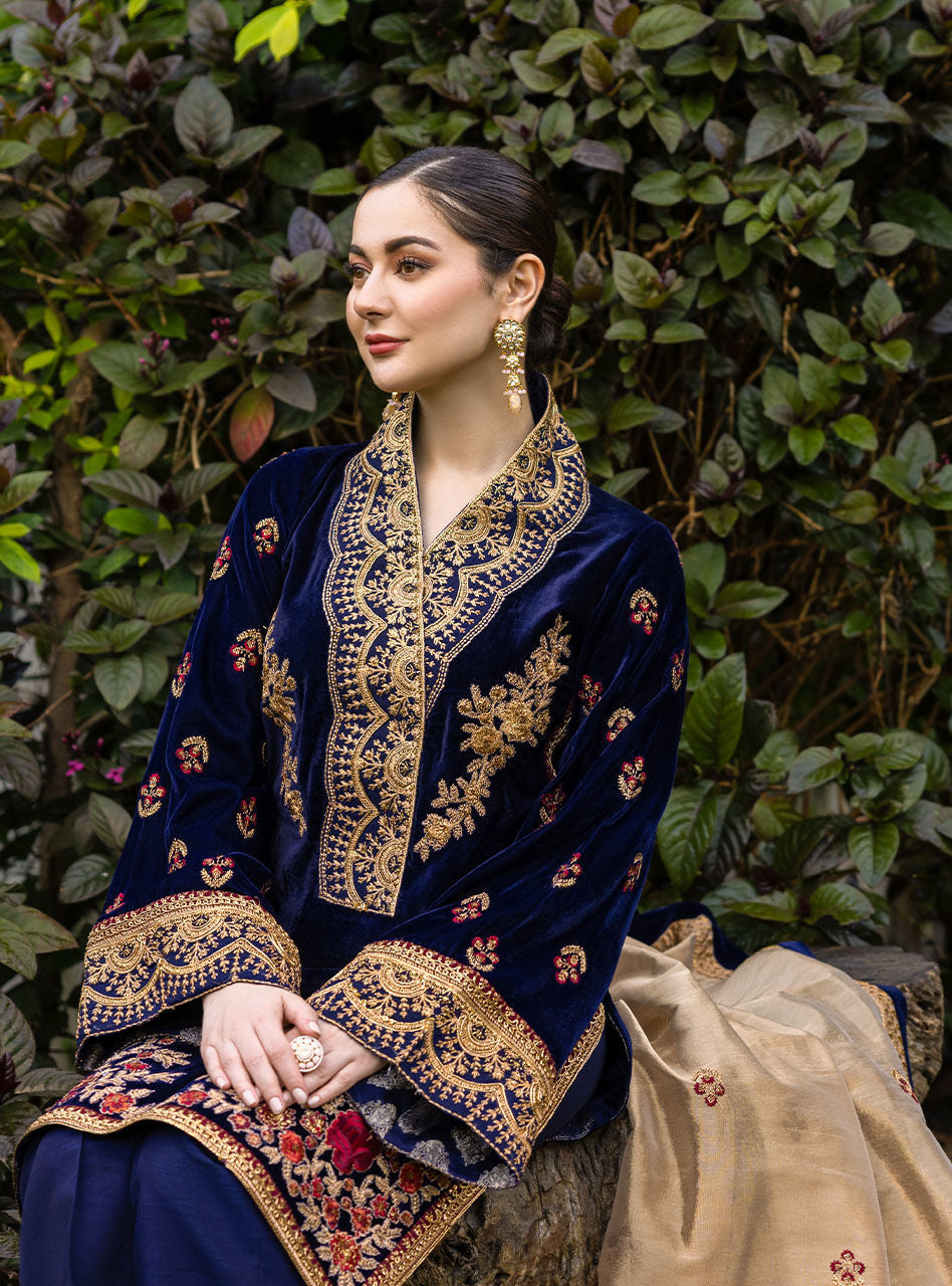 VELVET 3PC EMBROIDERED SHIRT ORGANZA EMBORIDED DUPATA AND SILK TROUSER 616-RR