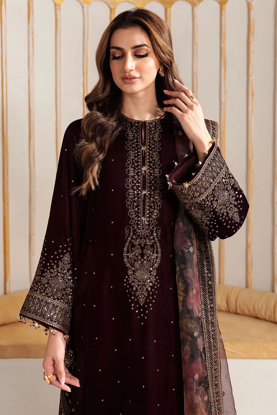 VELVET 3PC EMBROIDERED SHIRT ORGANZA EMBORIDED DUPATA AND SILK TROUSER 630-RR