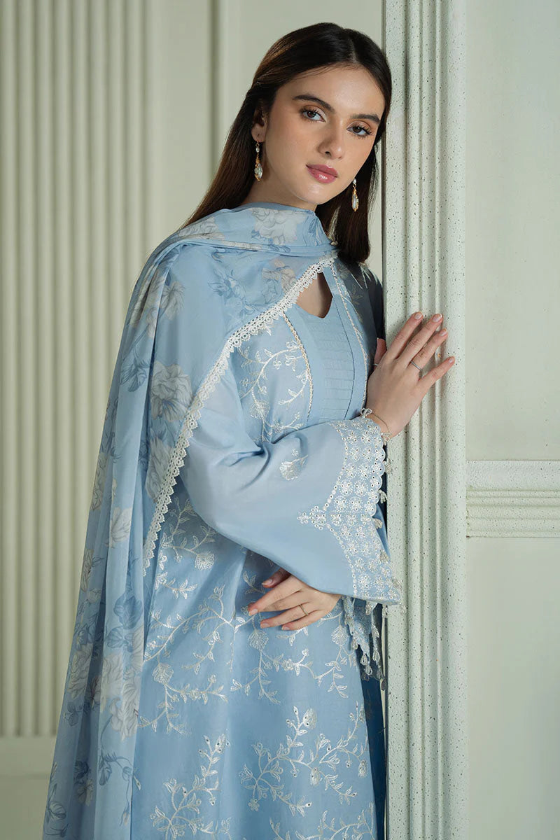 LAVENDER BLUE- 3PC EMBROIDERED LAWN ORGANZA PRINTED DUPATA