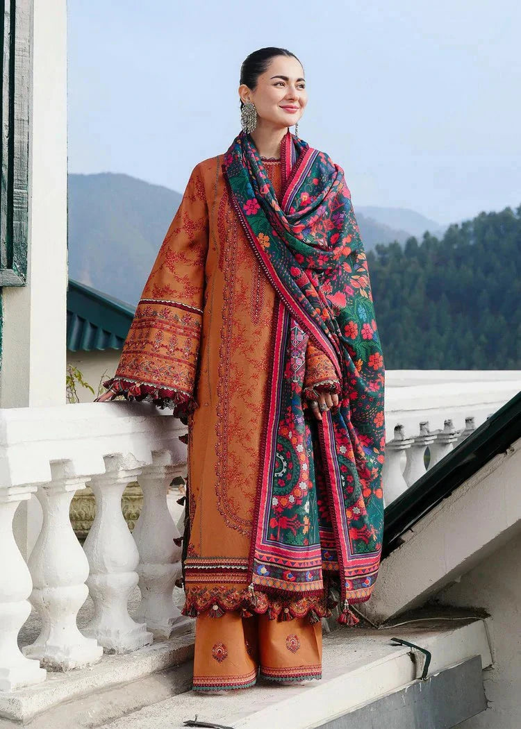3PC DHANAK EMBROIDERED SUIT & PRINTED WOOL SHAWL AND PLAIN TROUSER 673-RR