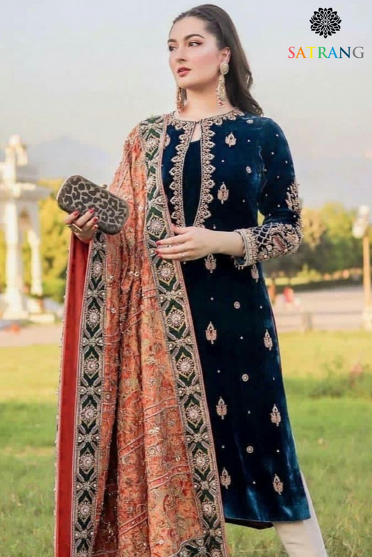 VELVET 3PC SHIRT EMBROIDERED FENCE EMBROIDERED DUPATA AND SILK TROUSER 608-RR