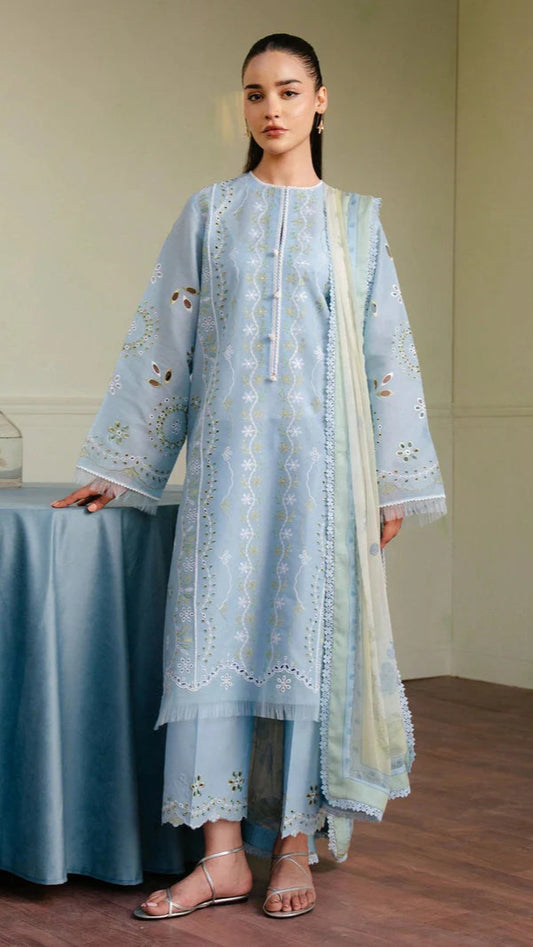 LAWN 3PC CHIKENKARI EMBROIDERED SHIRT PLAIN TROUSER (D-PATCH ) monar printed DUPATA D-1001