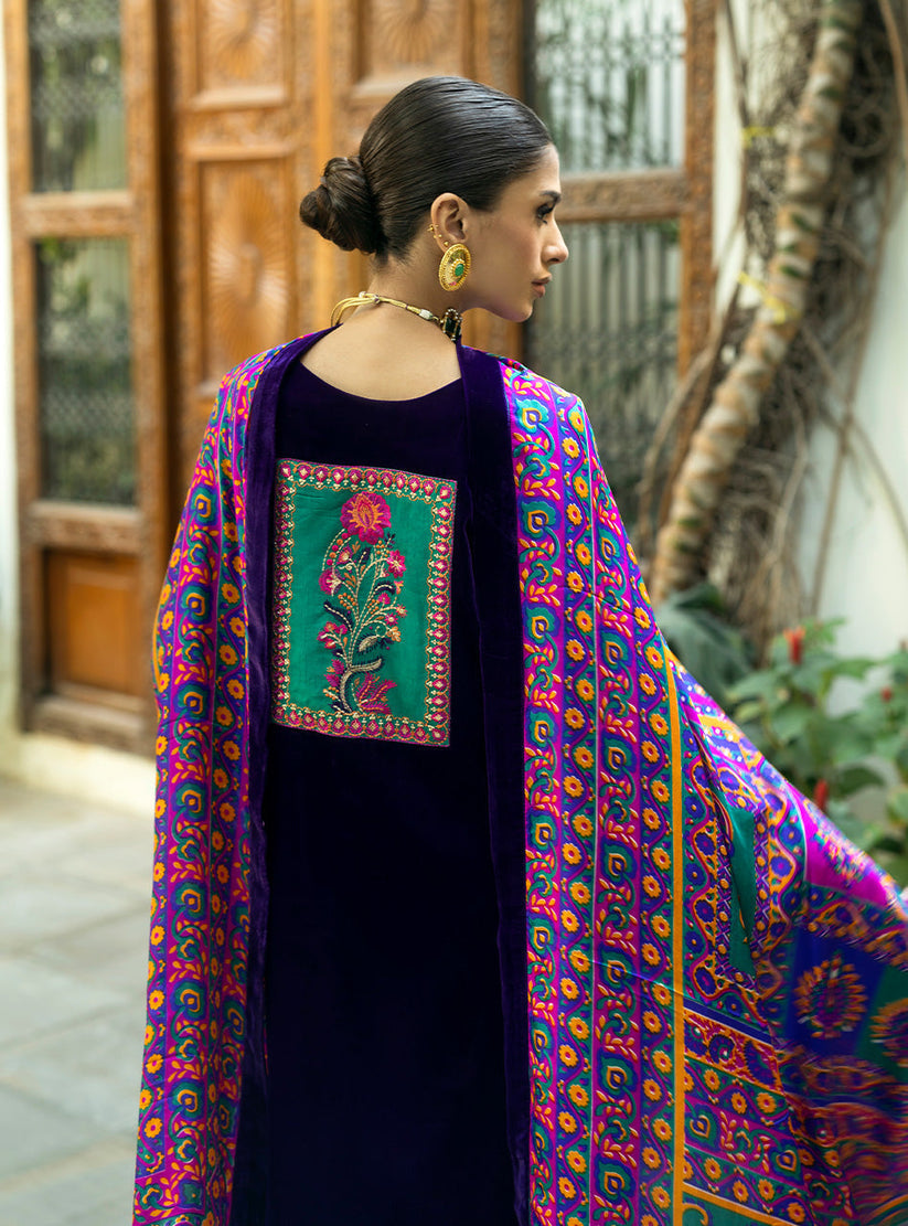 VELVET 3PC SHIRT EMBROIDERED PRINTED KARANDI SHAWL AND SILK TROUSER    609-RR