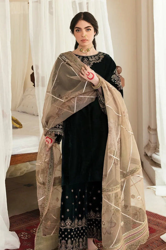 VELVET 3PC EMBROIDERED SHIRT ORGANZA EMBORIDED DUPATA AND SILK TROUSER 618-RR