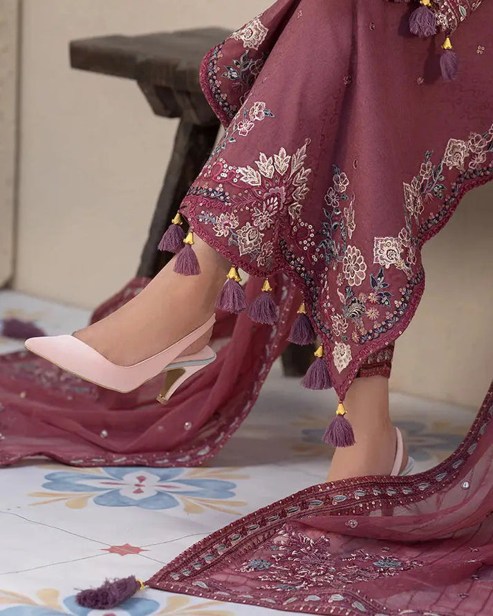 3PC DHANAK EMBROIDERED SHIRT WITH DHANAK (DAMAN-PATCH) EMBROIDERED SHAWL AND PLAIN TROUSE