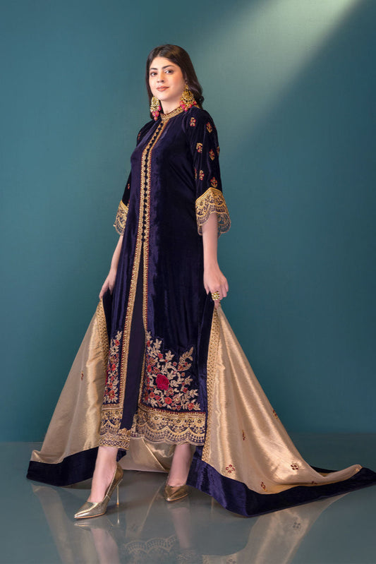 VELVET 3PC SHIRT EMBROIDERED JAMA-WAR DUPATA SILK TROUSER 602-RR