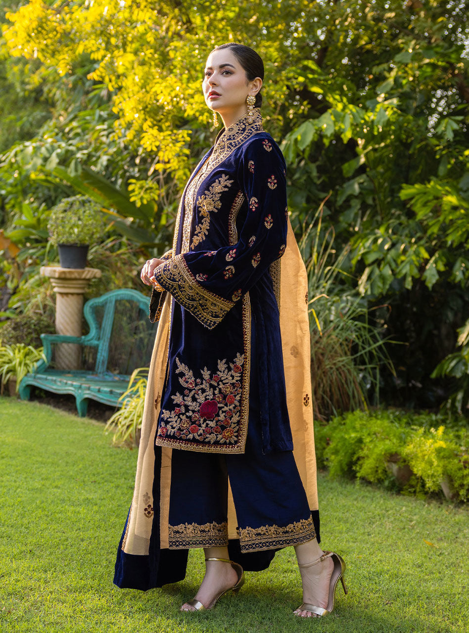 VELVET 3PC EMBROIDERED SHIRT ORGANZA EMBORIDED DUPATA AND SILK TROUSER 616-RR