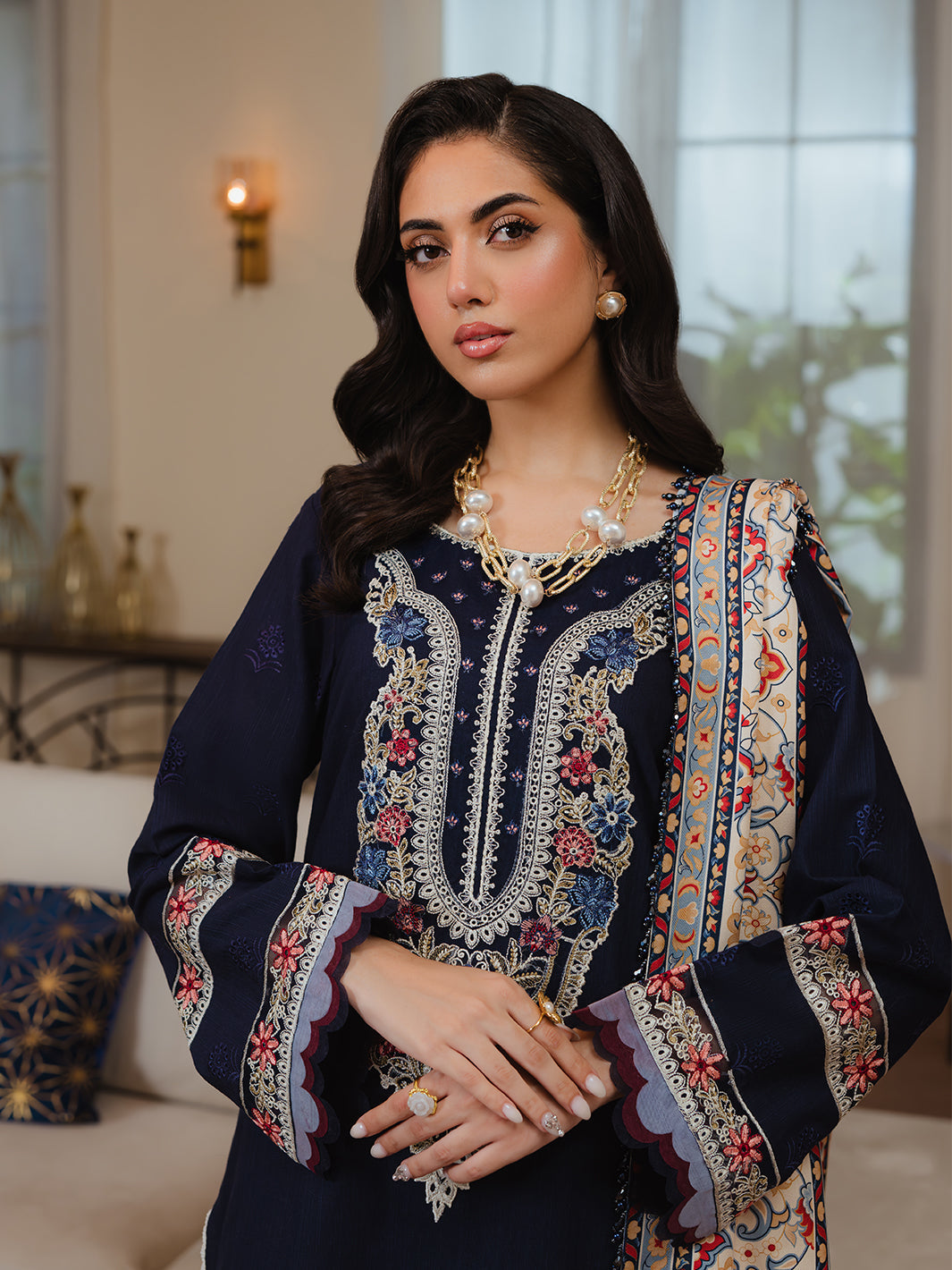 3PC DHANAK CHIKENKARI EMBROIDERED SHIRT PRINTED WOOL SHAWL AND PLAIN TROUSER 980 RR