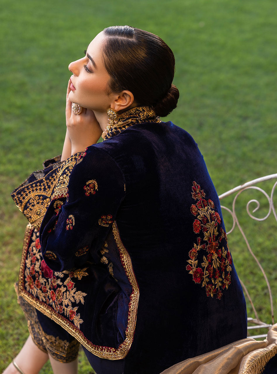 VELVET 3PC EMBROIDERED SHIRT ORGANZA EMBORIDED DUPATA AND SILK TROUSER 616-RR