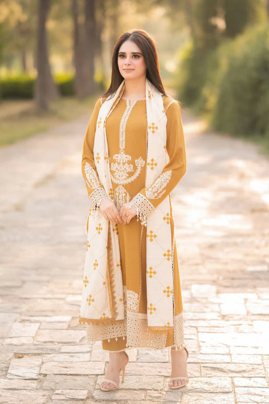 DHANAK 3PC EMBROIDERED SHIRT AND EMBORIDED DANAK SHAWL WITH PLAIN TROUSER 083-RR