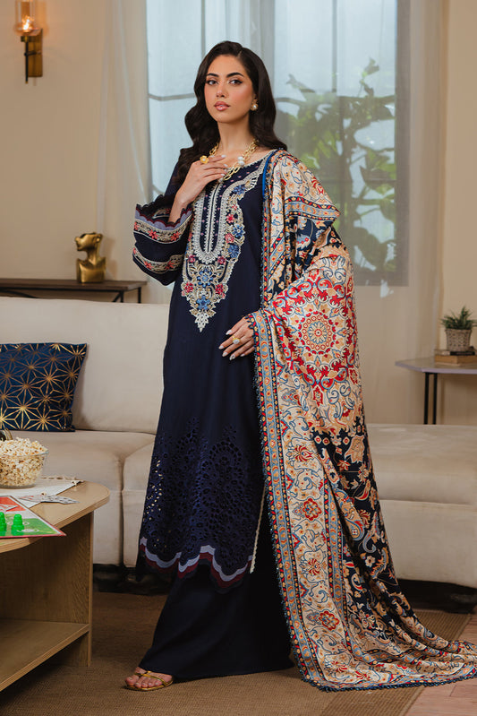 3PC DHANAK CHIKENKARI EMBROIDERED SHIRT PRINTED WOOL SHAWL AND PLAIN TROUSER 980 RR