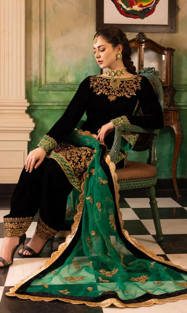 VELVET 3PC SHIRT EMBROIDERED ORGANZA EMBROIDERED DUPATA SILK TROUSER 612-RR