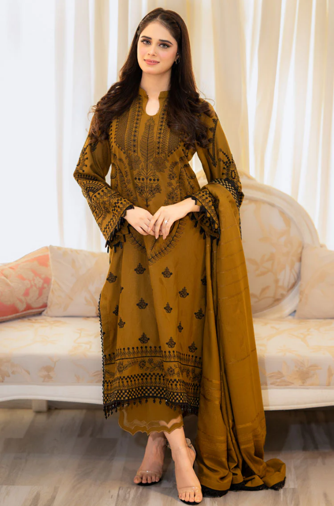 DANAK 3PC EMBROIDERED FRONT EMBORIDED SLEEVES PLAIN TROUSER EMBROIDERED DANAK SHAWL 545-RR