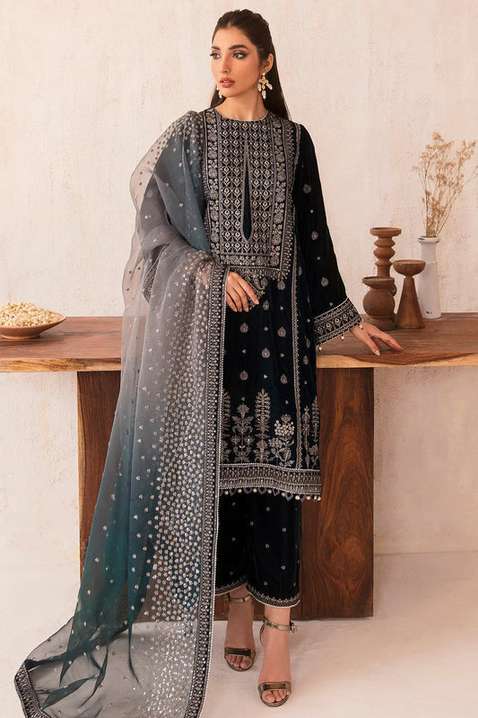 VELVET 3PC EMBROIDERED SHIRT ORGANZA EMBORIDED DUPATA AND SILK TROUSER 621-RR