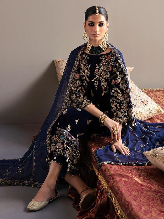 VELVET 3PC EMBROIDERED SHIRT ORGANZA EMBORIDED DUPATA AND SILK TROUSER 624-QQ