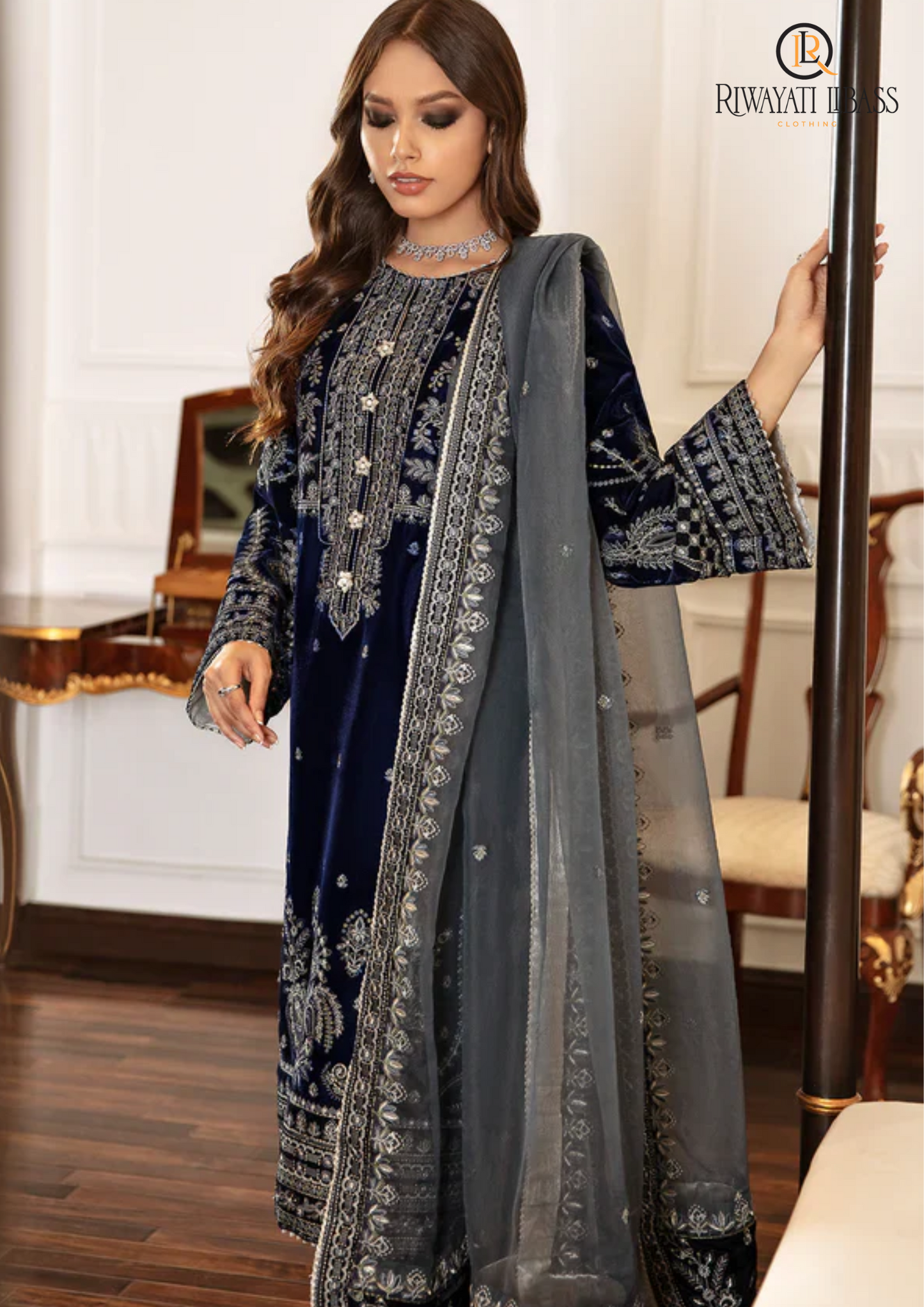 VELVET 3PC SHIRT EMBROIDERED ORGANZA EMBROIDERED DUPATA SILK TROUSER 610-RR