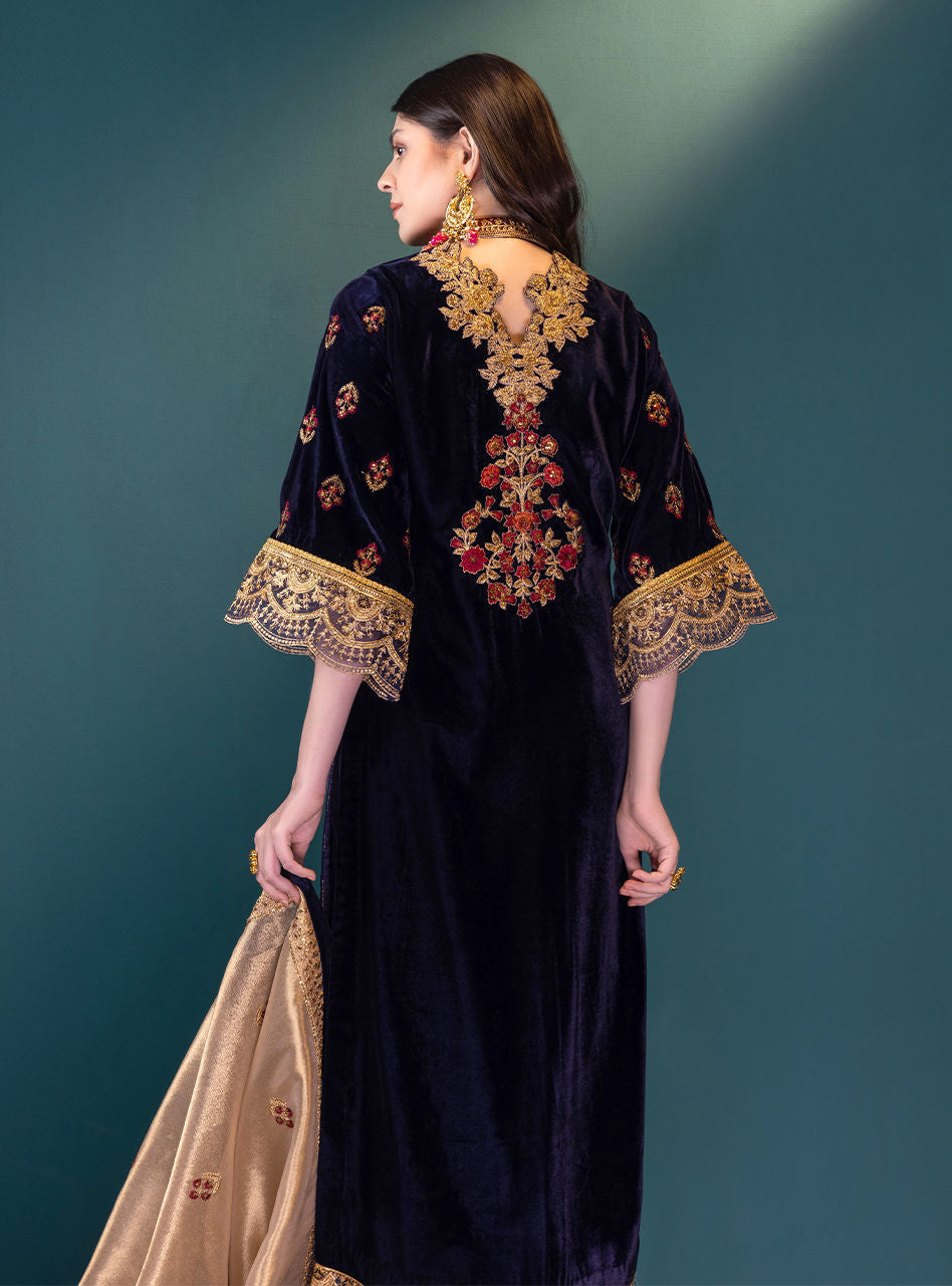 VELVET 3PC SHIRT EMBROIDERED JAMA-WAR DUPATA SILK TROUSER 602-RR
