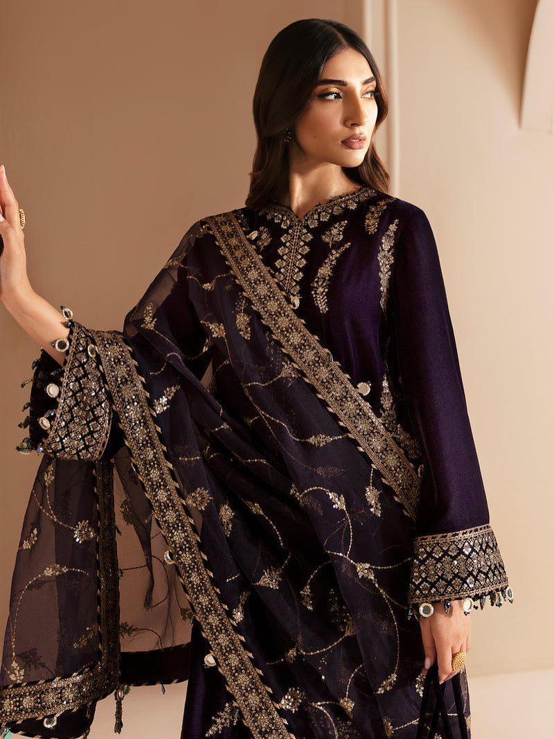 VELVET 3PC EMBROIDERED SHIRT ORGANZA EMBORIDED DUPATA AND SILK TROUSER 622-RR