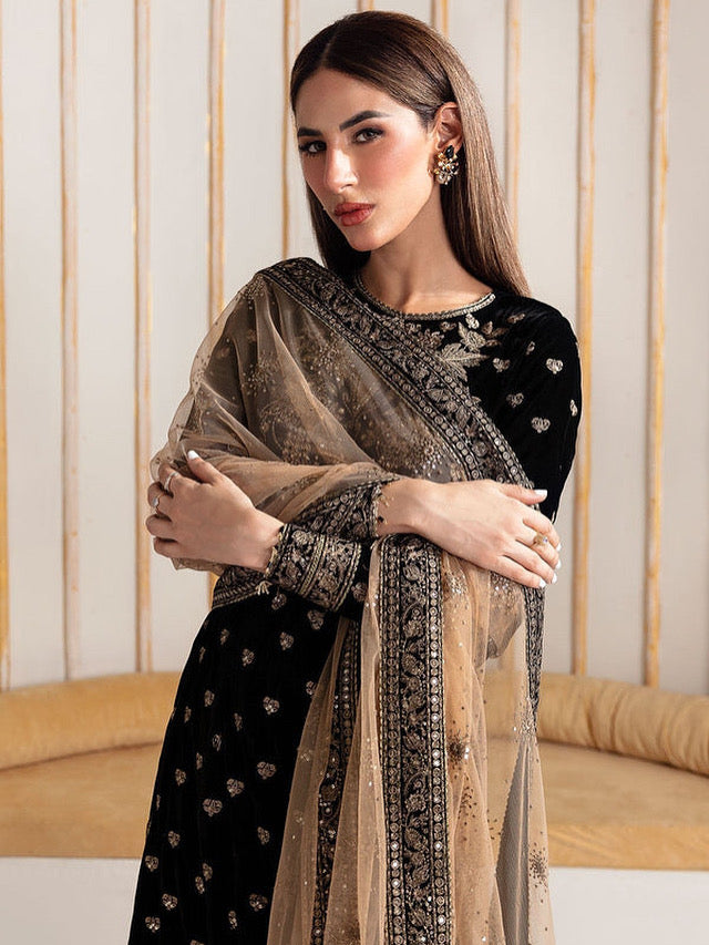 VELVET 3PC EMBROIDERED SHIRT ORGANZA EMBORIDED DUPATA AND SILK TROUSER 620-RR