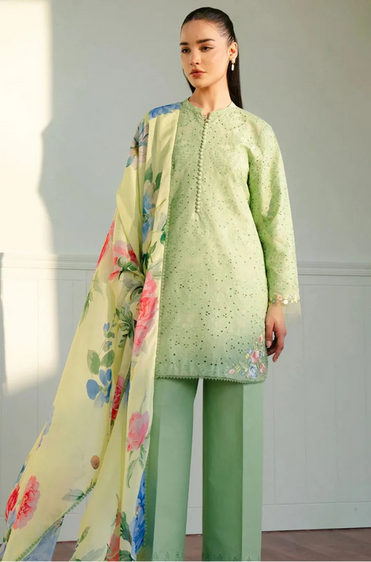 LAWN 3PC CHIKENKARI EMBROIDERED SHIRT PLAIN TROUSER PRINTED DUPATA D-737