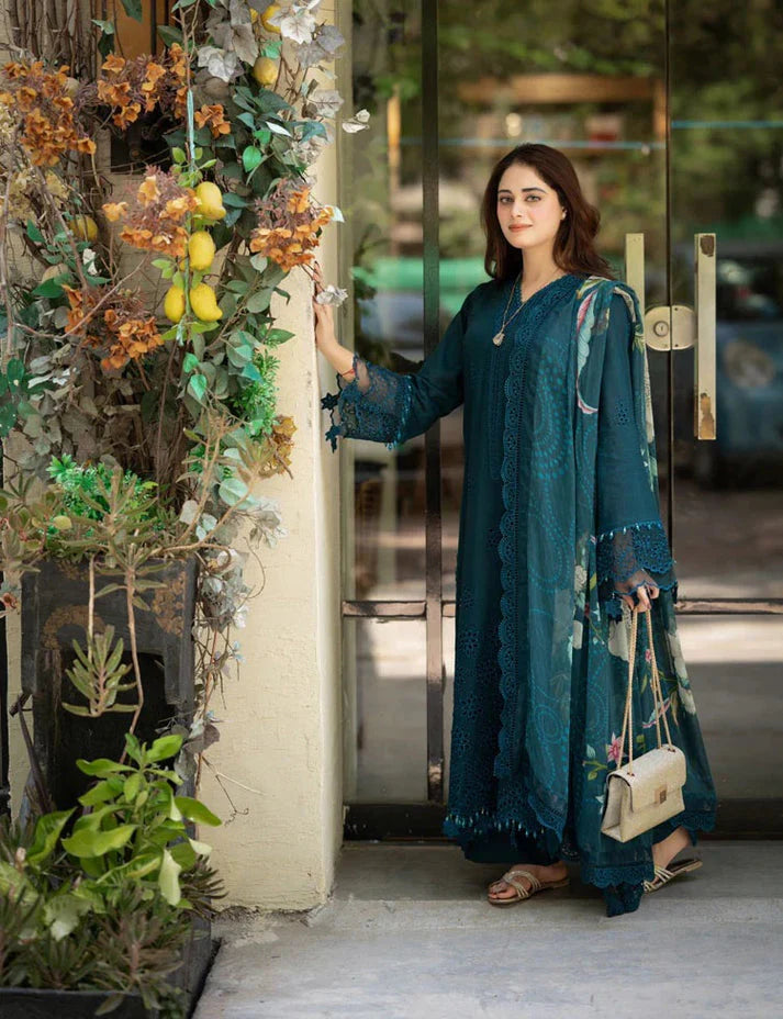 3PC DANAK CHIKENKARI EMBROIDERED SHIRT EMBROIDERED SLEEVES PLAIN TROUSER AND PRINTED WOOL SHAWL 847-RR