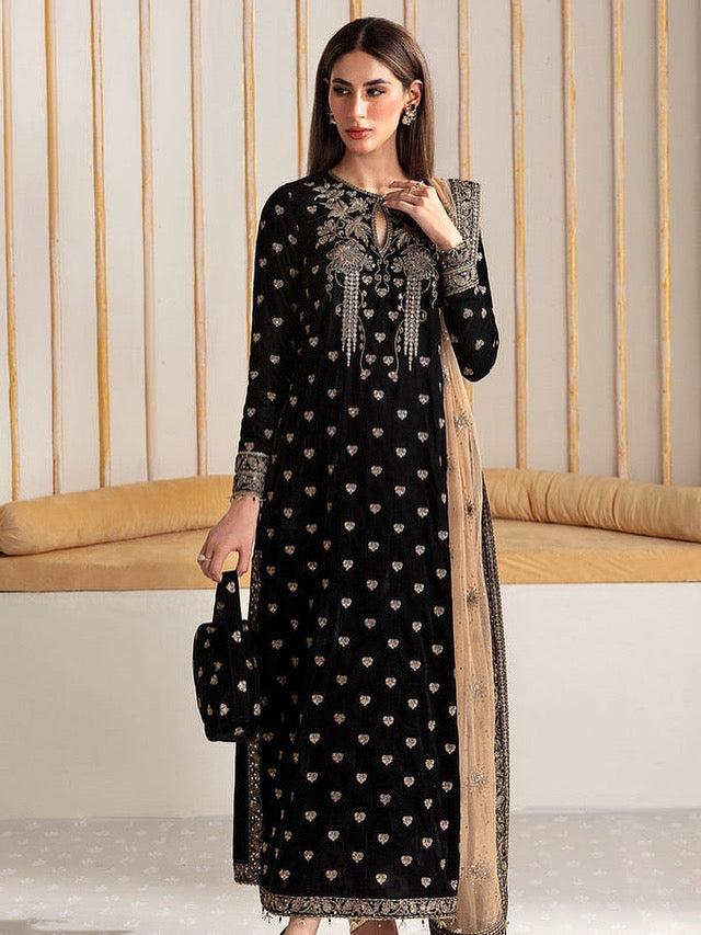 VELVET 3PC EMBROIDERED SHIRT ORGANZA EMBORIDED DUPATA AND SILK TROUSER 620-RR