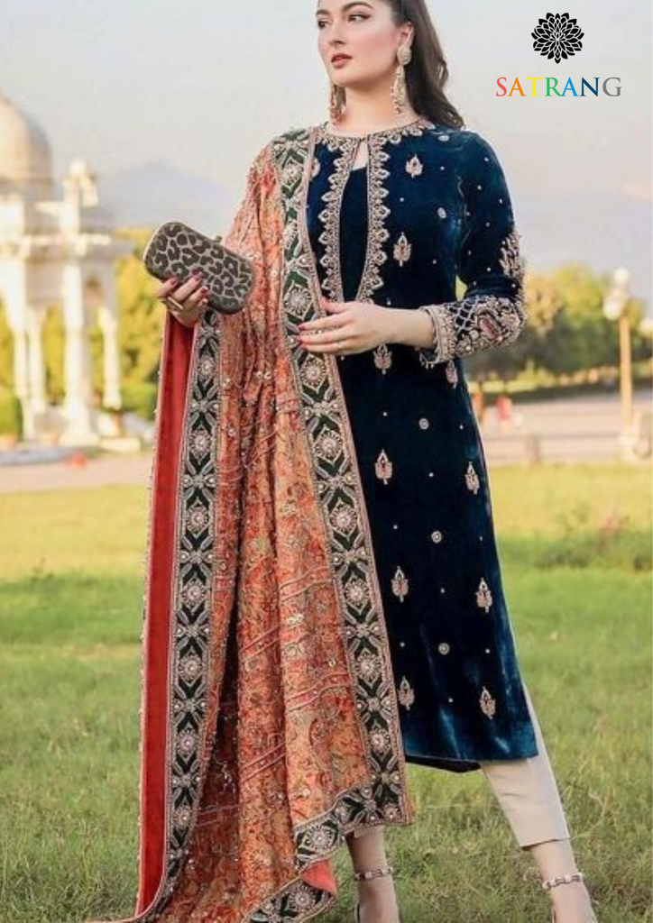VELVET 3PC SHIRT EMBROIDERED FENCE EMBROIDERED DUPATA AND SILK TROUSER 608-RR