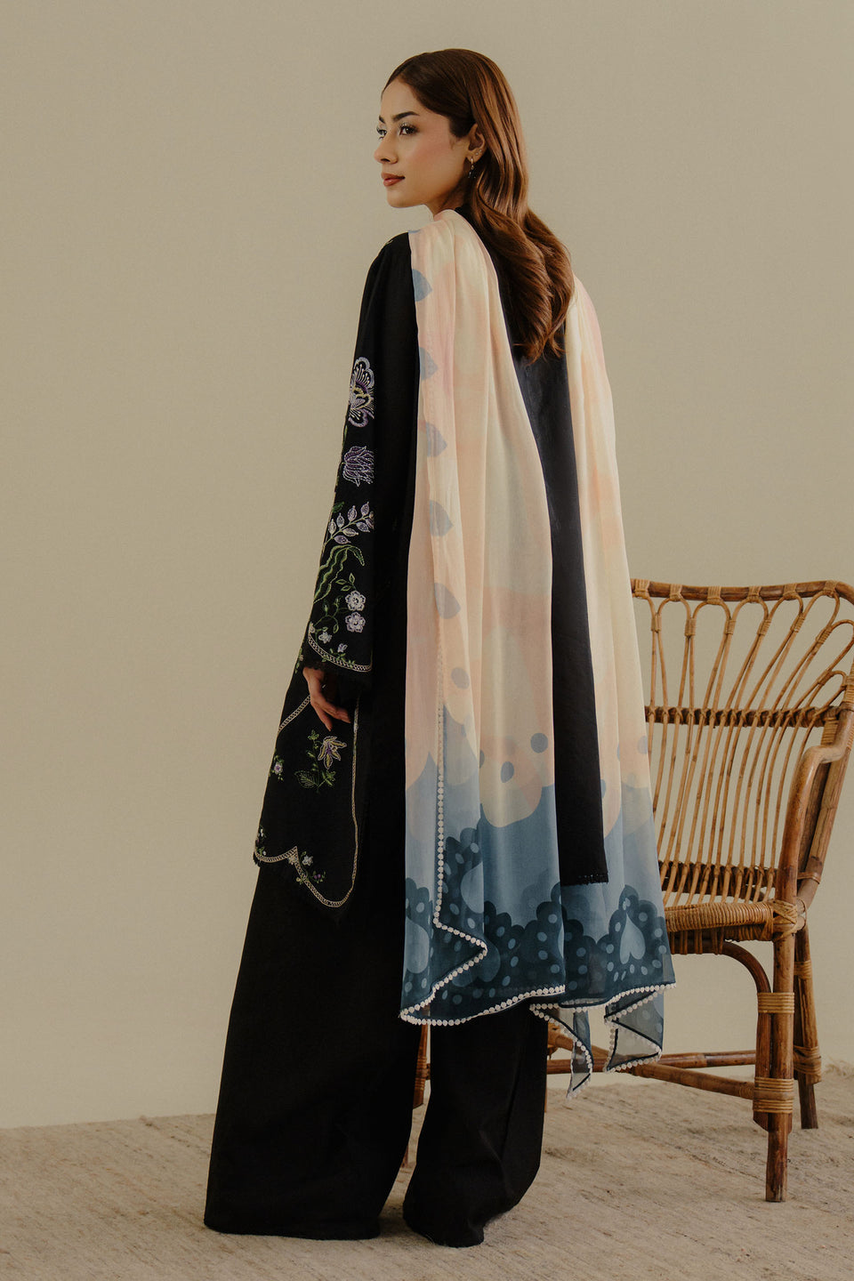 3PC DHANAK EMBROIDERED SHIRT AND PRINTED WOOL SHAWL WITH PLAIN TROUSER 778-RR