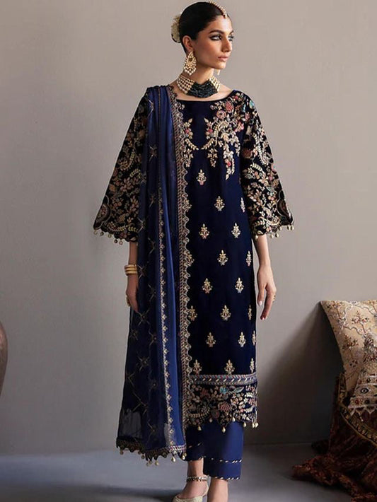 VELVET 3PC EMBROIDERED SHIRT ORGANZA EMBORIDED DUPATA AND SILK TROUSER 624-QQ