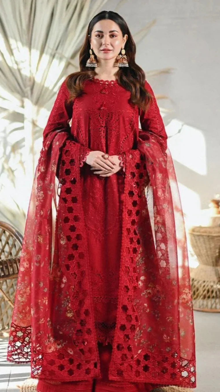 LAWN 3PC CHIKENKARI EMBROIDERED SHIRT PLAIN TROUSER (D-PATCH ) ORGANZA CUTTWORK HEAVY PALU DUPATA D-506