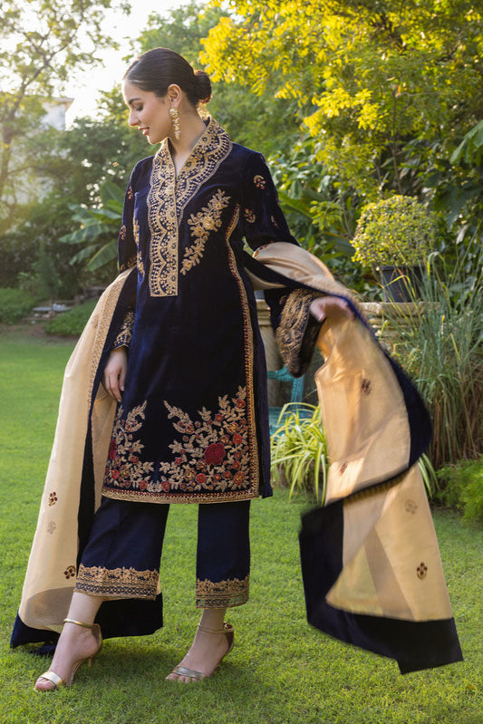 VELVET 3PC EMBROIDERED SHIRT ORGANZA EMBORIDED DUPATA AND SILK TROUSER 616-RR