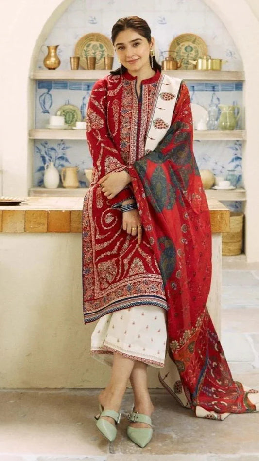 LAWN 3PC EMBROIDERED SHIRT PLAIN TROUSER (D-PATCH ) monar printed DUPATA D-1011