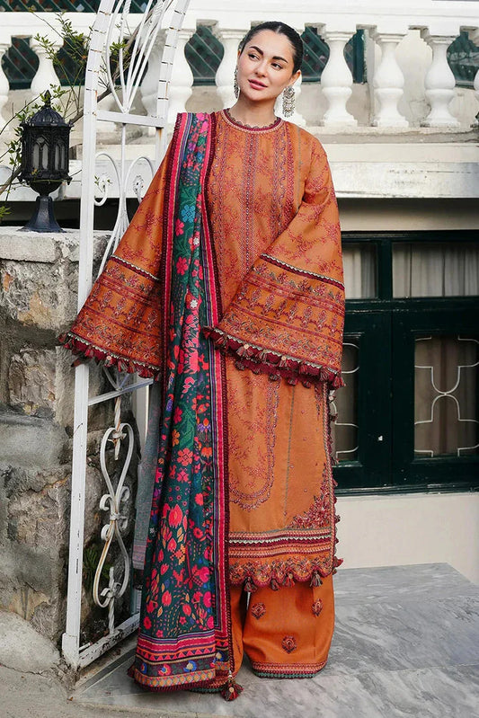 3PC DHANAK EMBROIDERED SUIT & PRINTED WOOL SHAWL AND PLAIN TROUSER 673-RR
