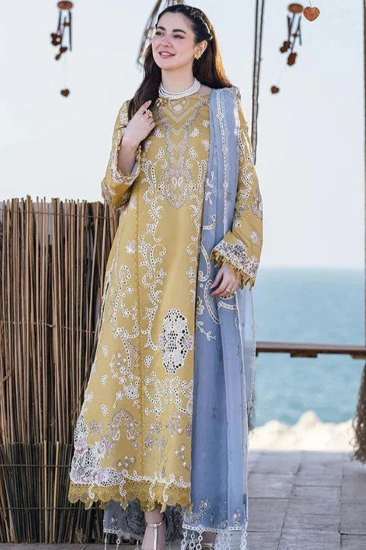 3PC DHANAK CHIKENKARI EMBROIDERED SHIRT AND EMBORIDED DANAK SHAWL WITH PLAIN TROUSER 767-RR