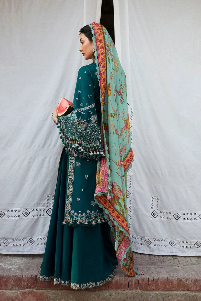 3PC DHANAK EMBROIDERED SHIRT WITH DHANAK (DAMAN-PATCH) PRINTED WOOLEN SHAWL AND PLAIN TROUSE