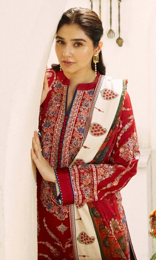 LAWN 3PC EMBROIDERED SHIRT PLAIN TROUSER (D-PATCH ) monar printed DUPATA D-1011