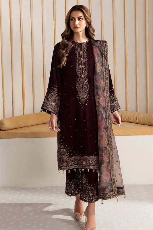 VELVET 3PC EMBROIDERED SHIRT ORGANZA EMBORIDED DUPATA AND SILK TROUSER 630-RR