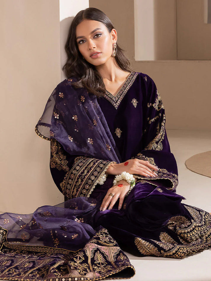 VELVET 3PC EMBROIDERED SHIRT ORGANZA EMBORIDED DUPATA AND VELVET TROUSER 623-RR