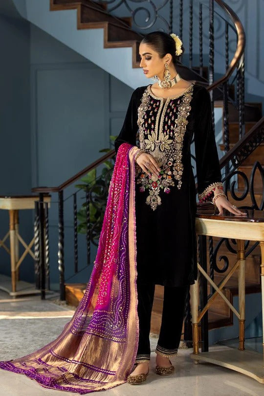 VELVET 3PC EMBROIDERED SHIRT ORGANZA EMBORIDED DUPATA AND SILK TROUSER 627-RR