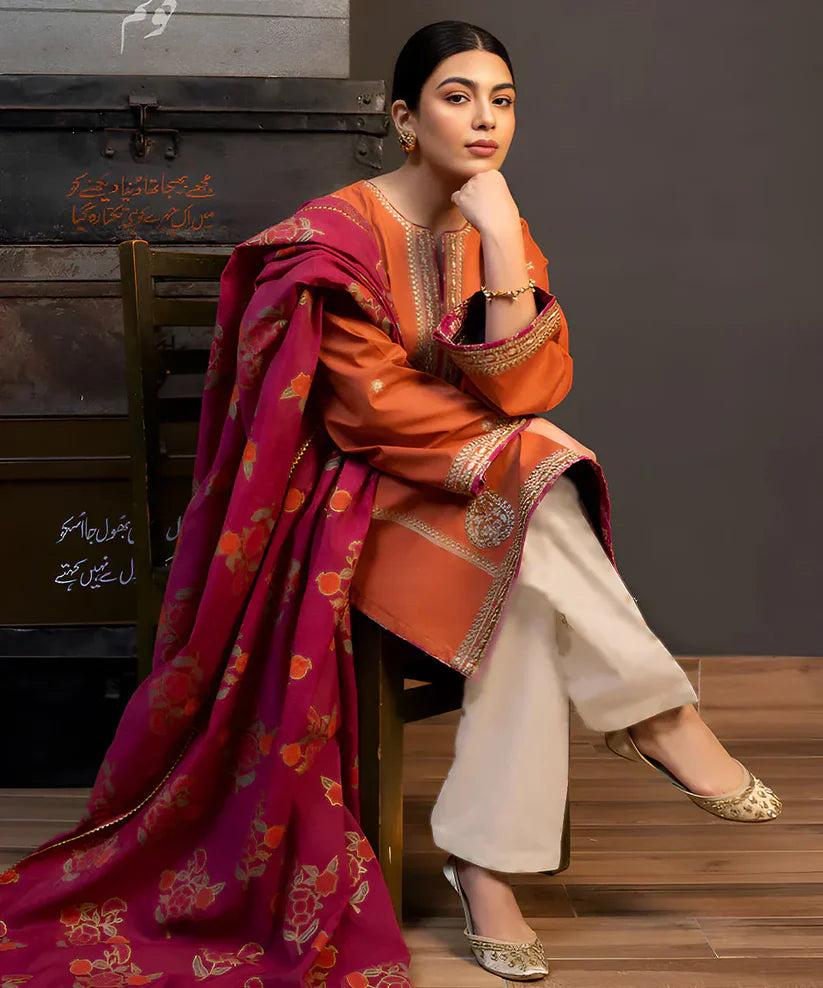 3PC DANAK EMBROIDERED SHIRT WITH MANAAR PRINTED DUPATTA AND TROUSER D-1060