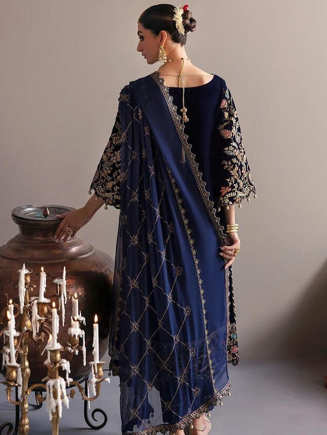 VELVET 3PC EMBROIDERED SHIRT ORGANZA EMBORIDED DUPATA AND SILK TROUSER 624-QQ