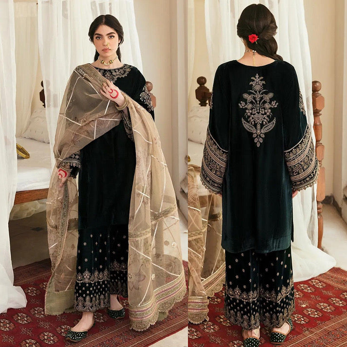 VELVET 3PC EMBROIDERED SHIRT ORGANZA EMBORIDED DUPATA AND SILK TROUSER 618-RR