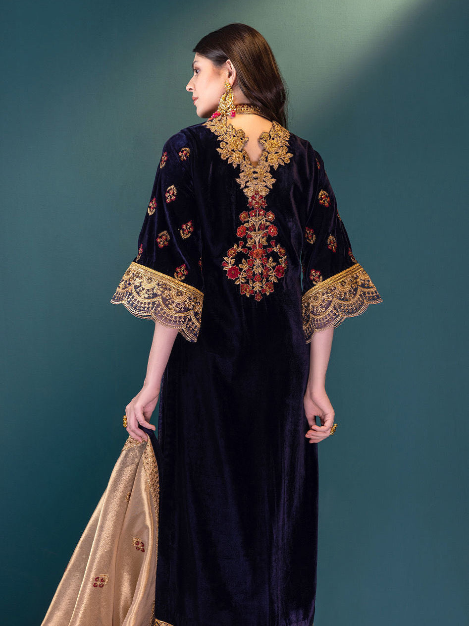 VELVET 3PC EMBROIDERED SHIRT ORGANZA EMBORIDED DUPATA AND SILK TROUSER 625-RR