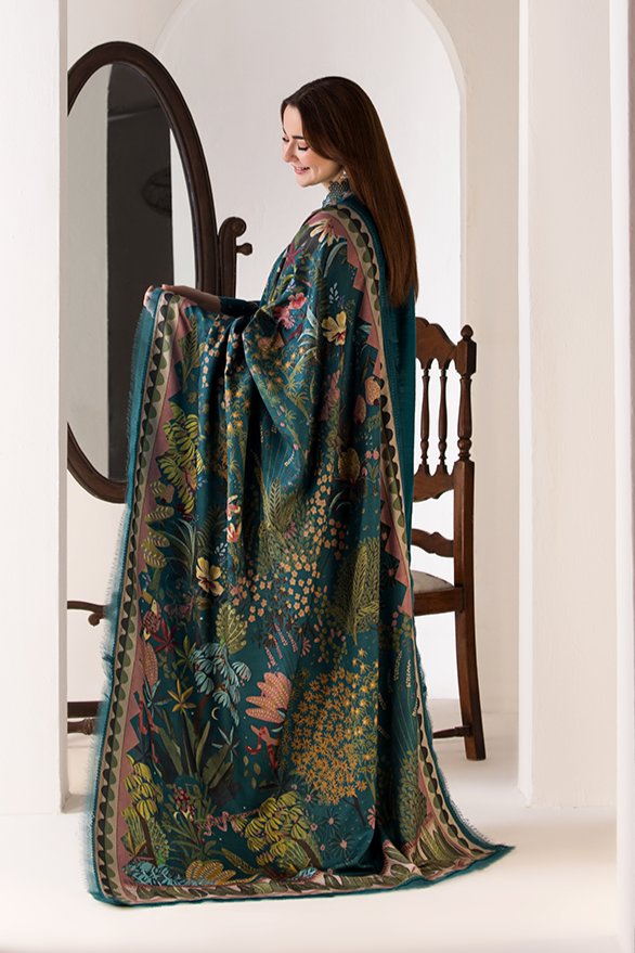 3PC DHANAK EMBROIDERED SHIRT WITH DHANAK (DAMAN-PATCH) PRINTED WOOLEN SHAWL AND PLAIN TROUSE